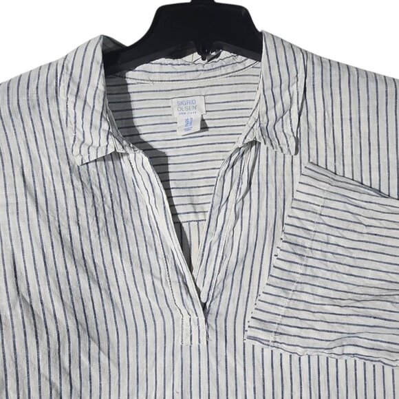 Sigrid Olsen Womens Sz 1X Striped Button Detail 3/4 Sleeve Tunic Top 100% Linen - Picture 2 of 15